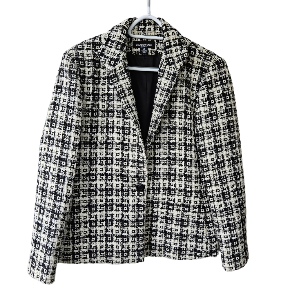 Jones New York Black and Off-white Blazer Wool Blend Thick Textured Size 12
